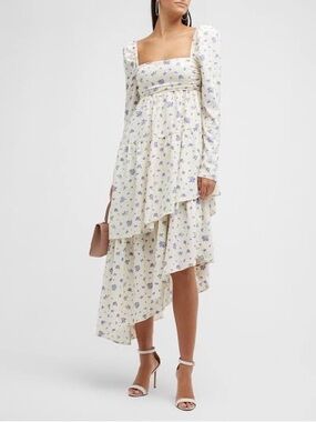 We Wore What Puff Sleeve Floral Asymmetrical Tiered Maxi Dress White Womens Sz 2